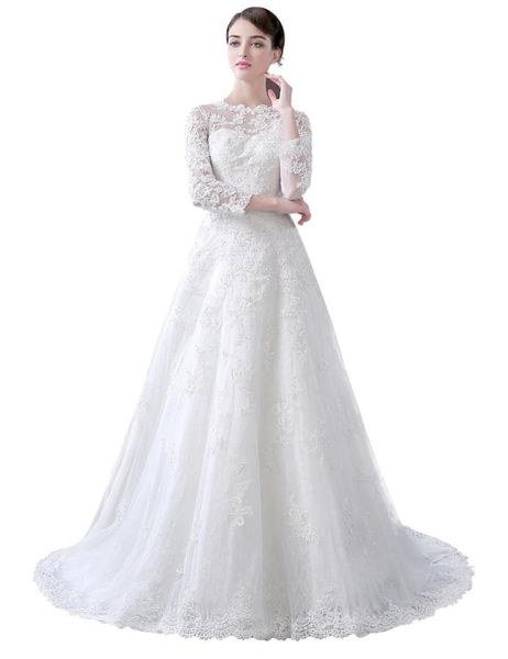 

2019 jewel neck aline chapel train wedding dresses 34 long sleeves lace appliques wedding gowns button sheer back vestido de nov1706164, White