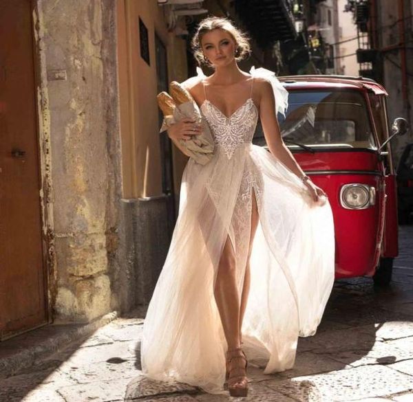 

berta beach lace wedding dresses v neck split side bridal gowns boho appliqued spaghetti strap a line tulle vestido de novia6761115, White