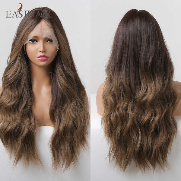 

synthetic wigs easihair lace front wig brown ombre long wavy synthetic s for women natural high density heat resistant cosplay 230227, Black