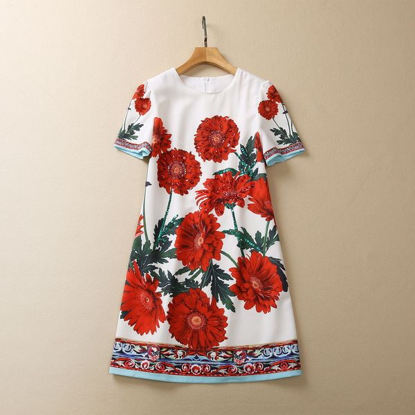 

casual dresses european and american women's clothes 2023 spring new round neck short sleeve studded red flower print fashionable dress, Black;gray