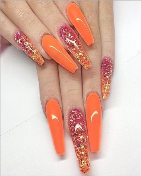 

20pcsbox shiny orange false nails long coffin full cover fingernails press on artificial tips nail art decorations3463000, Red;gold