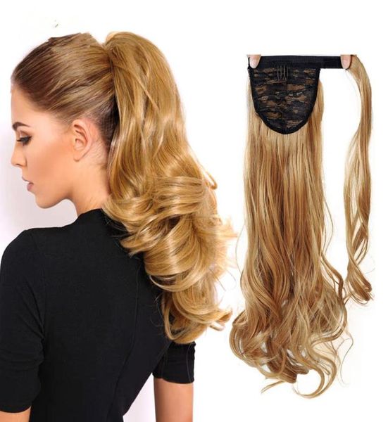 

2018 new long wavy real natural ponytail clip in pony tail hair extensions wrap around on synthetic hair piece for human7198255, Black