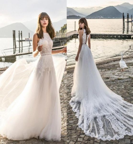 

bohemia a line wedding dresses beach jewel neck simple wedding dress lace applique sweep train country bridal gowns vestidos 5296282, White