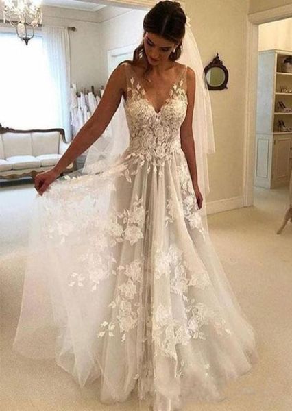 

bohemian a line wedding dresses v neck 3d floral lace illusion backless sweep train beach plus size vintage formal bridal gowns6804101, White