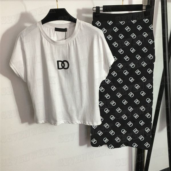 

letters printed women skirts t shirt two piece sets summer short sleeve tees high waist dress for woman, Black