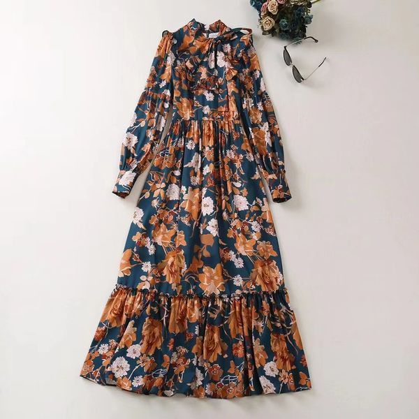 

casual dresses european and american women's clothes 2023 spring new bow collar long-sleeved floral print fashion pleated dress, Black;gray