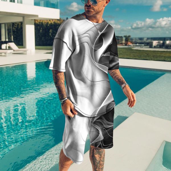 

men s tracksuits outfit summer short sleeve t shirt set fashion 2 piece streetwear 3d printed sports beach shorts sportswear 230404, Gray