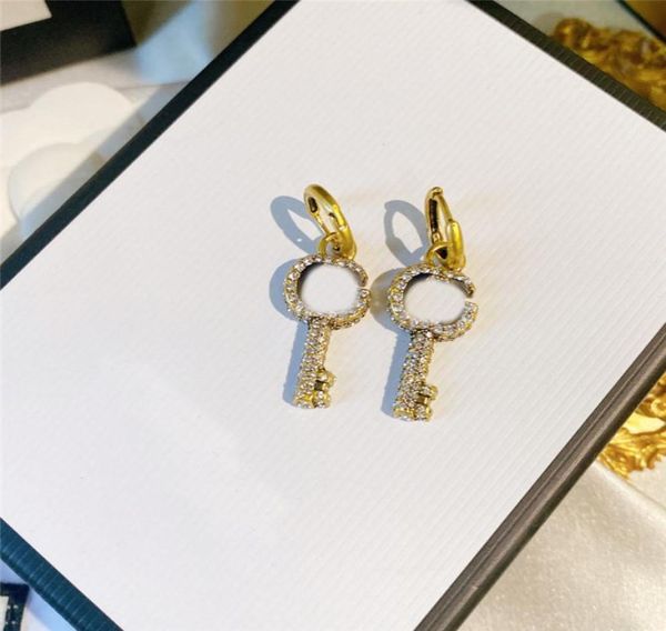 

full crystal designer earrings charm personality key shape studs women diamond pendant earring girl jewelry with gift box7898099, Golden