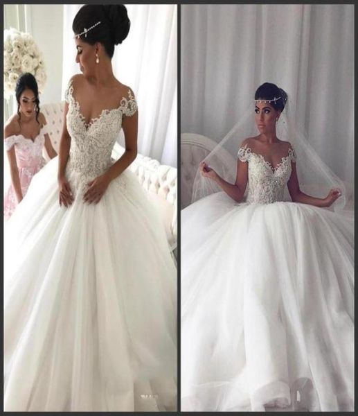 

luxury beaded ball gown wedding dresses short cap sleeves lace applique sheer neck illusion floor length wedding gowns vestido de 4588028, White