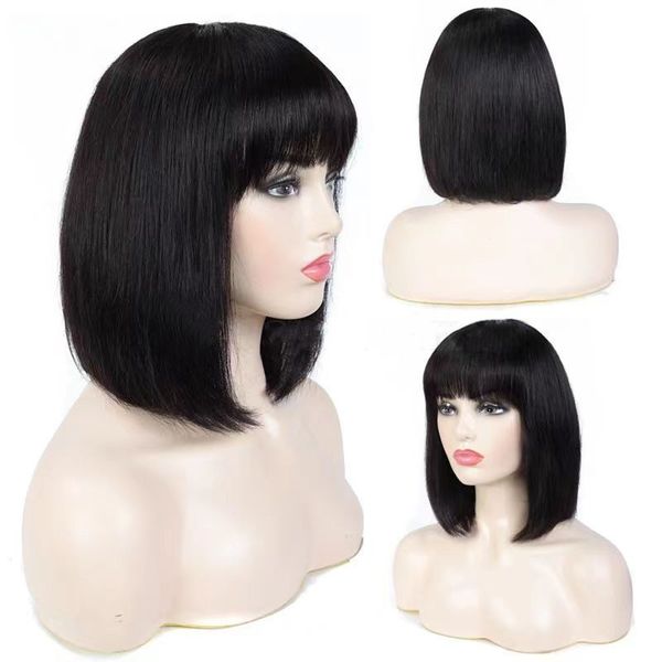 

human hair short bob wigs with air bangs women's shoulder length wigs 14 inch wig natural olor can be dyed bleaohed easily restyled per, Black