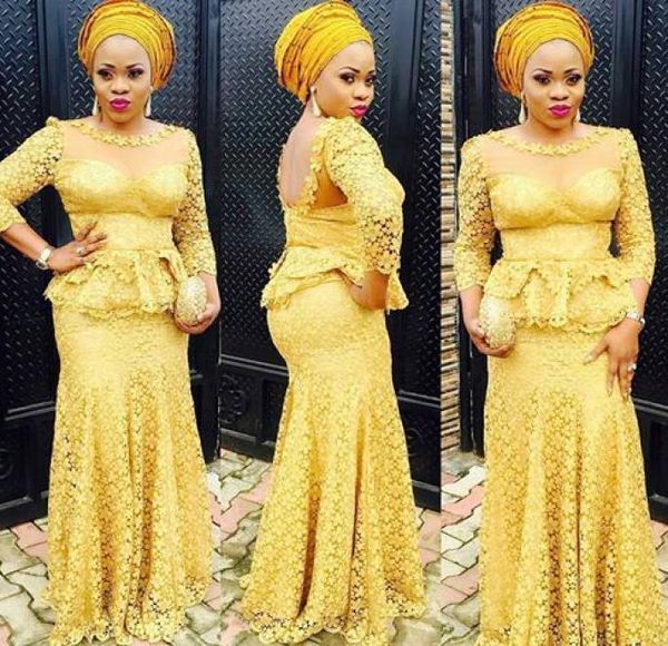 

yellow lace evening dresses 2022 illusion bodice aso ebi style long party prom gowns lace appliques 34 long sleeve mermaid sheer 7424410, Black;red