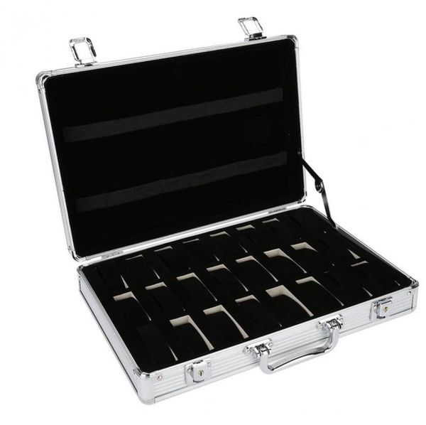 

watch boxes cases 24 grid aluminum suitcase case display storage box bracket clock7895650, Black;blue