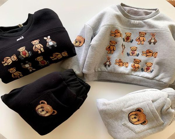 

kids fashion clothing set winter thicked suits boys girl casual sweatshirts solid color bear printed two pieces suit trac6382439, White