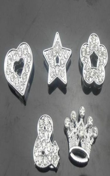 

whole 100pcslot 10mm mix styles heart star crown flower full rhinestones slide charms fit for 10mm diy leather wristband3412423, Bronze;silver