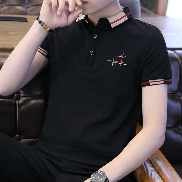 

men's t-shirt sleeve short 2023 summer new cotton printed half polo fashion v-neck, White;black