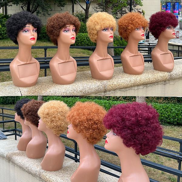 

short colorful human hair capless machine made wigs glueless none lace afro curly wig, Black;brown