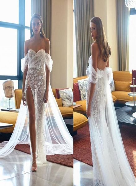 

2020 elihav sasson high slit wedding dresses beading illusion mermaid wedding dress off the shoulder beach wedding vestidos d5031322, White