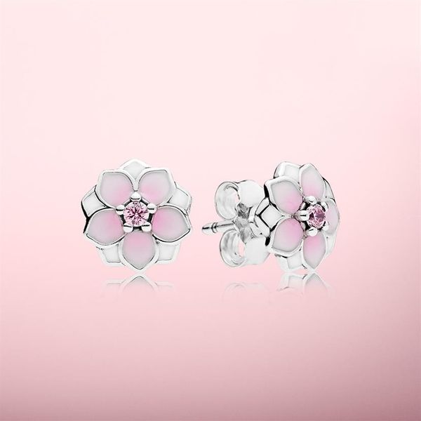 

pink magnolia earrings beautiful women jewelry with original box for pandora 925 sterling silver flower stud earring sets215k, Golden;silver