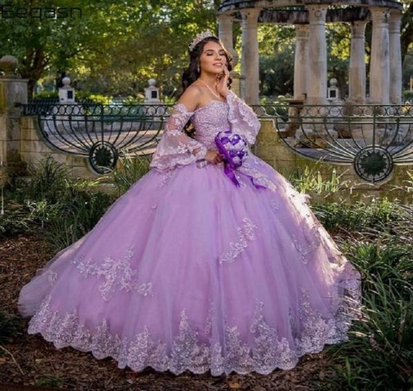 

gorgeous lavender designer ball gown quinceanera dresses puffy sleeves sweetheart lace appliques sweep train sweet 16 prom dress q8985129, Blue;red
