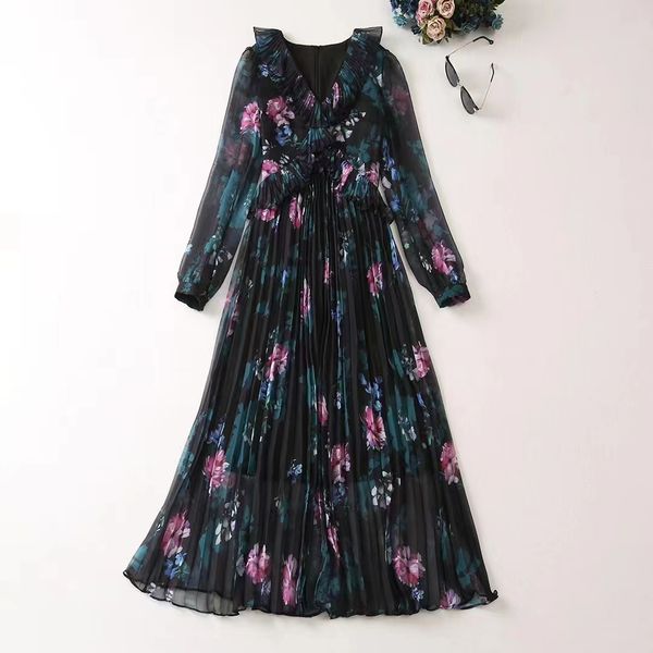 

casual dresses european and american women's clothes 2023 spring new long sleeve flanged v-neck floral print fashion pleated dress, Black;gray