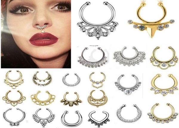 

crystal fake septum nose ring piercing clip on body jewelry faux hoop u shape nose rings for women2255763, Silver