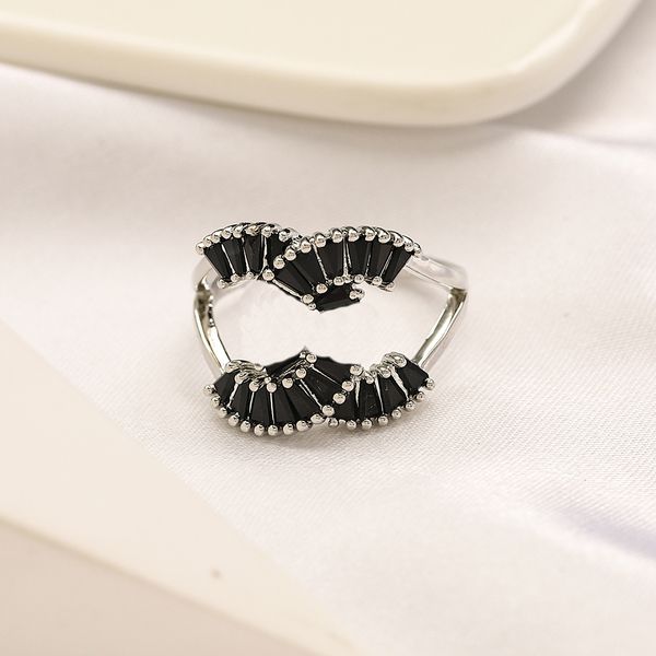 

women open cluster ring brand gift adjustable diamond ring 925 silver designer jewelry black ring spring couple family accessories with box, Golden;silver