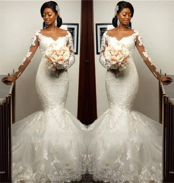 

long sleeves mermaid wedding dresses lace applique sheer neck illusion custom made plus size african country wedding gown vestido 8112287, White