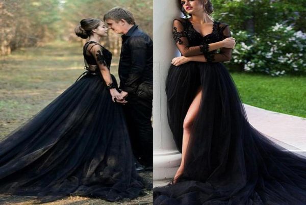 

vintage deep v neck wedding dress black long sleeve split a line tulle bridal gown plus size custom made3333731, White