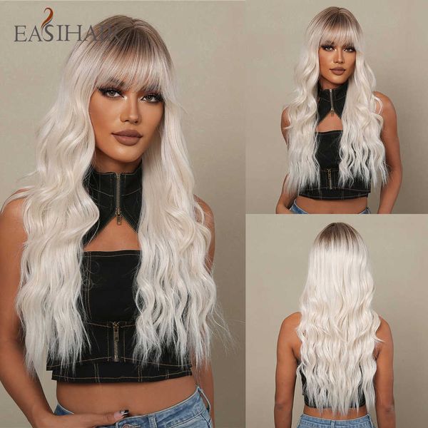 

synthetic wigs easihair platinum blonde ombre long wavy synthetic wigs for women futura natural hair with bangs cosplay wig heat resistant 2, Black
