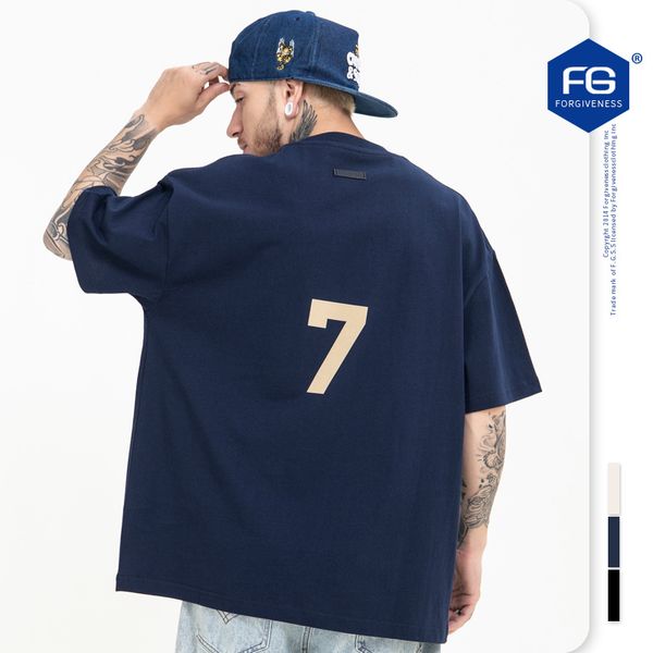 

men t shirt fashion 230g pure cotton cotton t-shirt shirtspring summer new product gaojie tide card number 7 flocking short-sleeved t-shirt, White;black