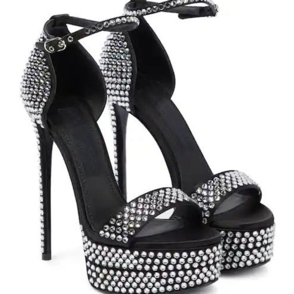 

sandals women's dress shoes high-heeled women's sandals luxury designer platform with 6cm buckle embellished ankle strap 16cm danc, Black
