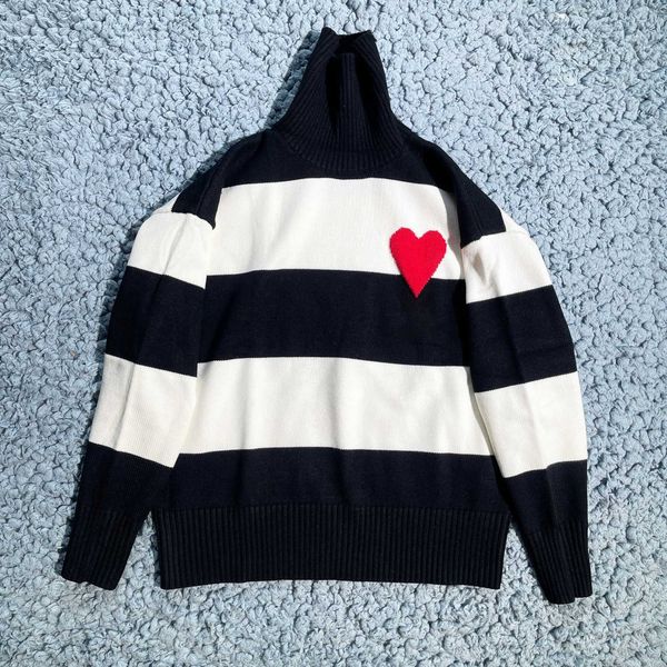 

high set yang mi same autumn and winter french love jacquard men's and women's loose stripe high neck knitting sweater, Black;white