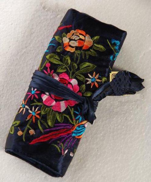 

portable embroidered travel roll up bag for cosmetic makeup storage silk brocade drawstring 3 zipper pouch women clutch coin purse8164377