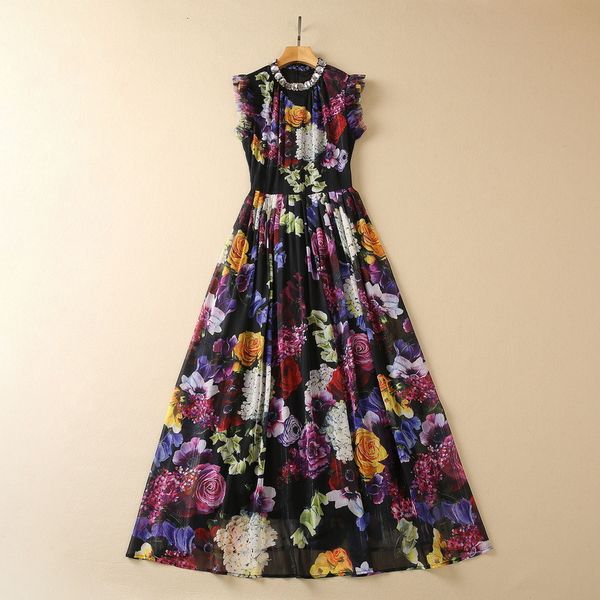 

casual dresses european and american women's clothes 2023 spring new beaded stand collar sleeveless floral print beading pleated dress, Black;gray
