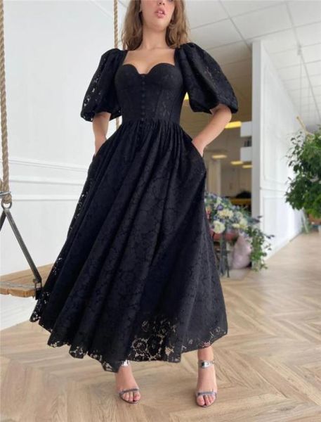 

2021 black full lace evening party dresses with half puff sleeves heart shape neck buttons front ankle length prom gown9390274, Black;red