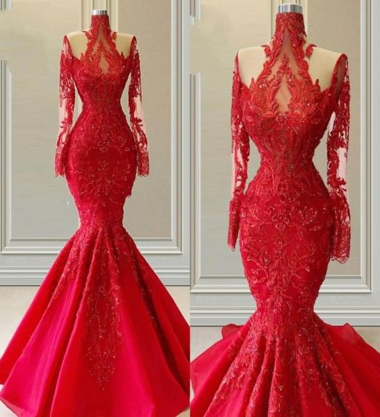 

luxurious red lace dresses evening wear mermaid prom dress illusion long sleeve high collar beaded pageant mother of the bride par6850129, Black;red