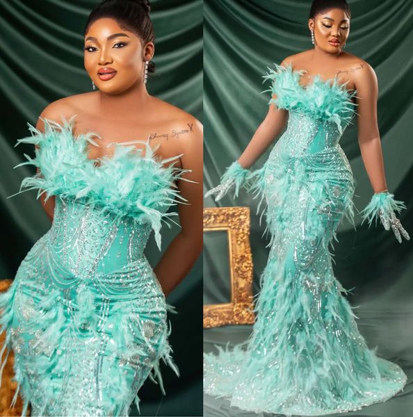

2023 arabic aso ebi mermaid lace prom dress feather sparkly evening formal party second reception birthday engagement gowns dresses robe de, Black