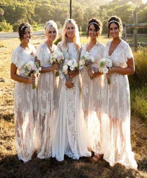 

summer bohemian sheer lace bridesmaid dresses v neck short sleeves plus size boho wedding party guest dress custom made maid of ho3371442, White;pink