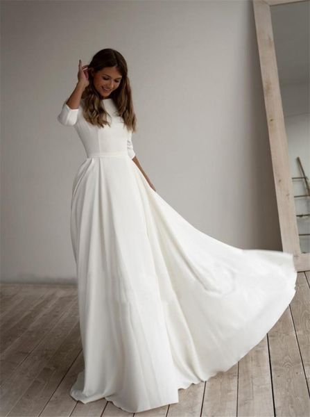 

simple wedding dress long sleeves a line crepe boat neck elegant bridal dresses with pockets plus size robe de mariee6197090, White