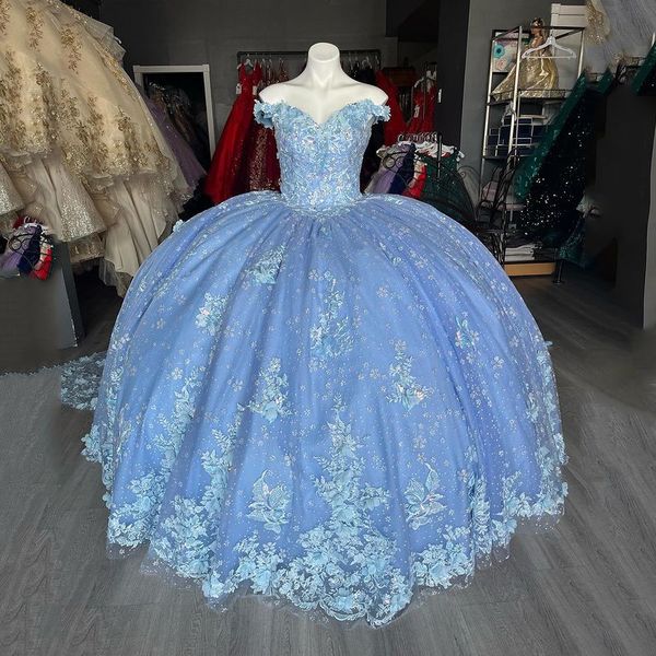 

light sky blue quinceanera dress ball gown sweet 16 dress tulle applique 3dflower lace ball gown prom dress sweetheart robes de soiree, Blue;red
