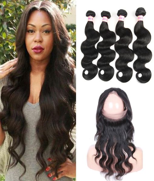 

360 lace frontal with bundles 9a peruvian indian malaysian brazilian virgin body wave hair weaves human hair bundles and 360 closu5731569, Black