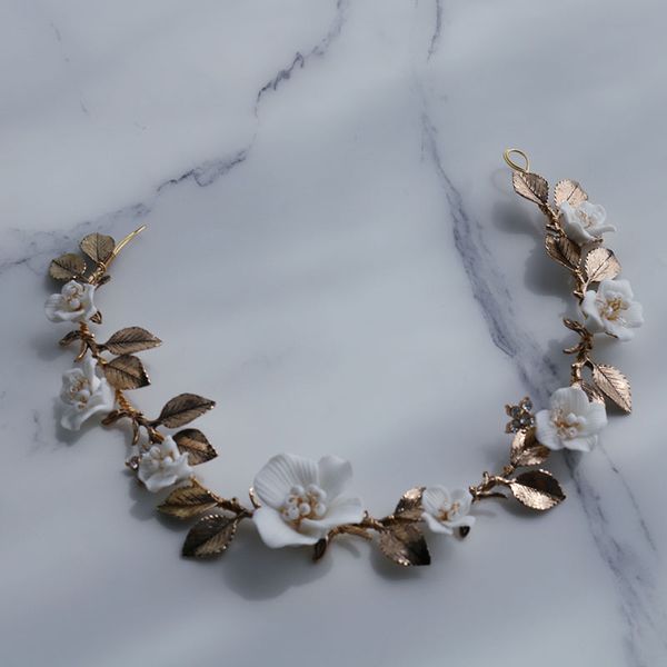 

bridal hair accessories antique gold color wedding tiara headband porcelain flower leaf headpiece for bride headdress hairband women jewelry, Silver