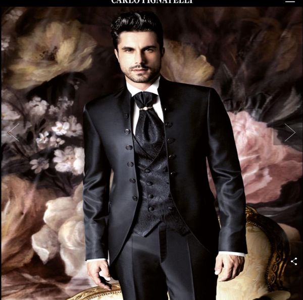 

new fashion black groom tuxedos stand collar six button groomsmen men business formal prom party suitjacketpantstievest 9414020004, Black;gray
