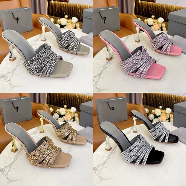 

2023 designer luxury rhinestone high heels slippers fashion women 100% leather pink/apricot/black/silver outdoor rhinestones strip sandals l
