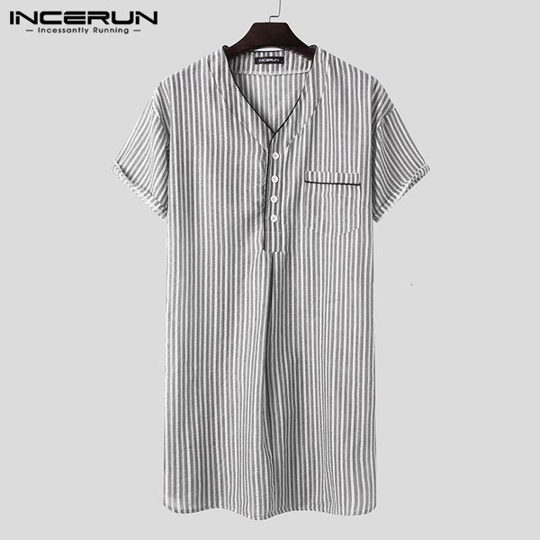 

men s robes incerun leisure striped homewear men cotton sleepwear summer short sleeve v neck nightgown breathable comfy nightwear plus size