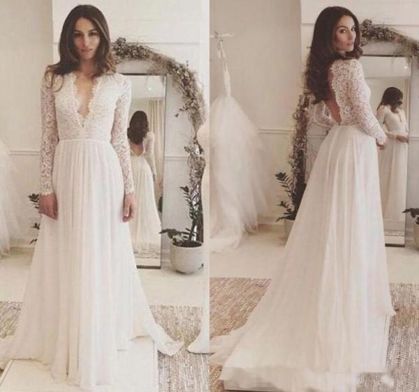 

chic lace long sleeve backless bohemian beach country wedding gowns deep v neck chiffon boho bridal dress1251096, White