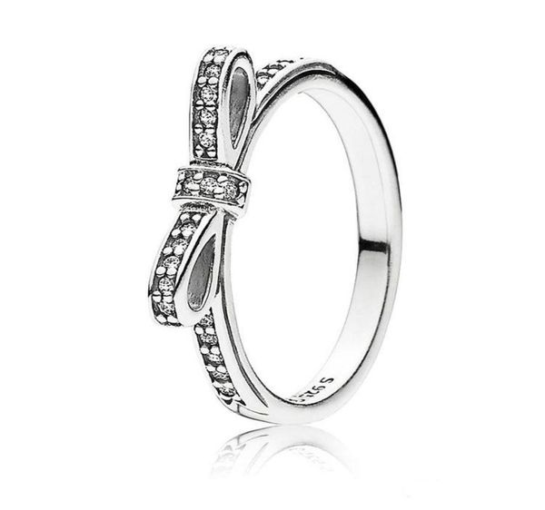 

girl 925 sterling silver sparkling bow ring set original box for pandora grain women wedding cz diamond bowknot 18k rose gold ring1304649