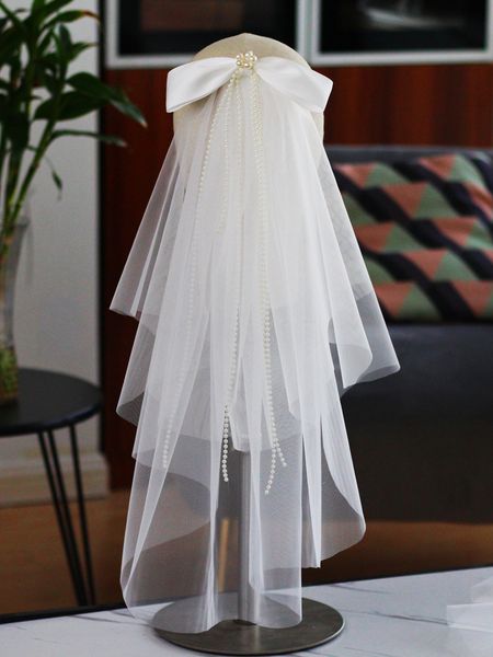 

2023 wedding veils short bridal veils soft tulle with pearls big bow, Black