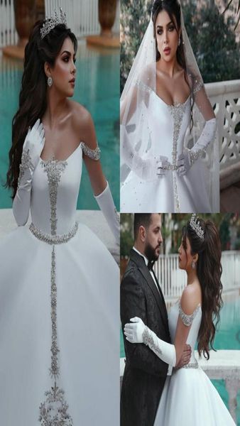 

ball gown plus size wedding dresses off shoulder sleeveless beads satin a line wedding dress sweep train vestidos de novia9028961, White