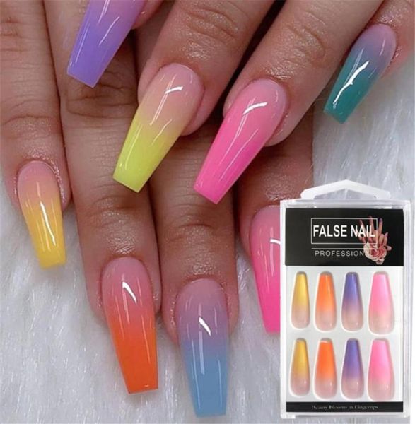 

20pcsset rainbow gradient nail tips with designs press on nails art reusable false nail tips full cover fake extension1627705, Red;gold